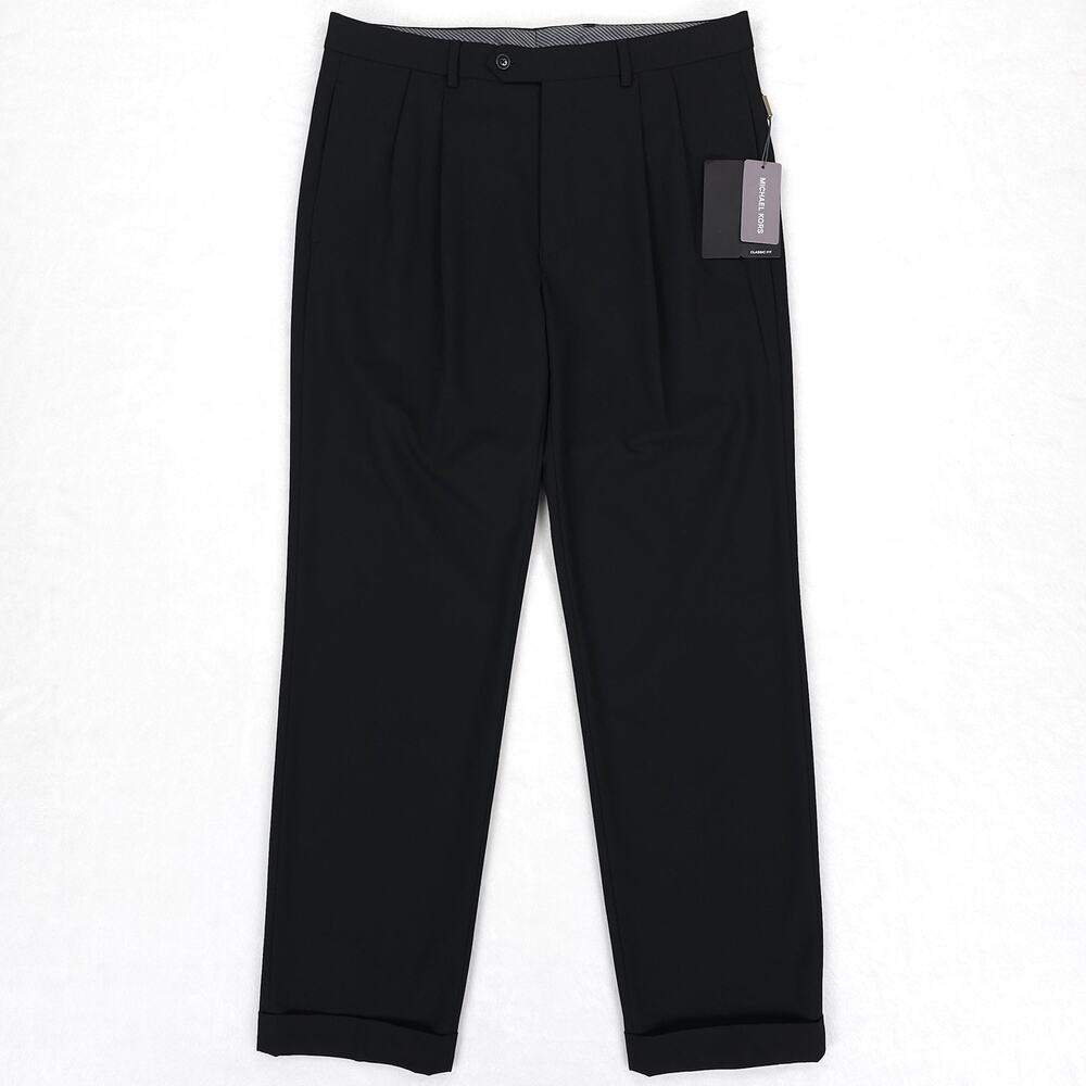 Michael Kors Mens Classic Fit Dress Pants 40x32 Black Solid Stretch Pleated NWT